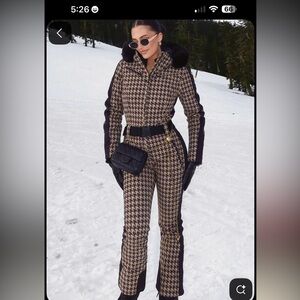 Houndstooth Stretch Jumpsuit with Side Panels - Black & Tan